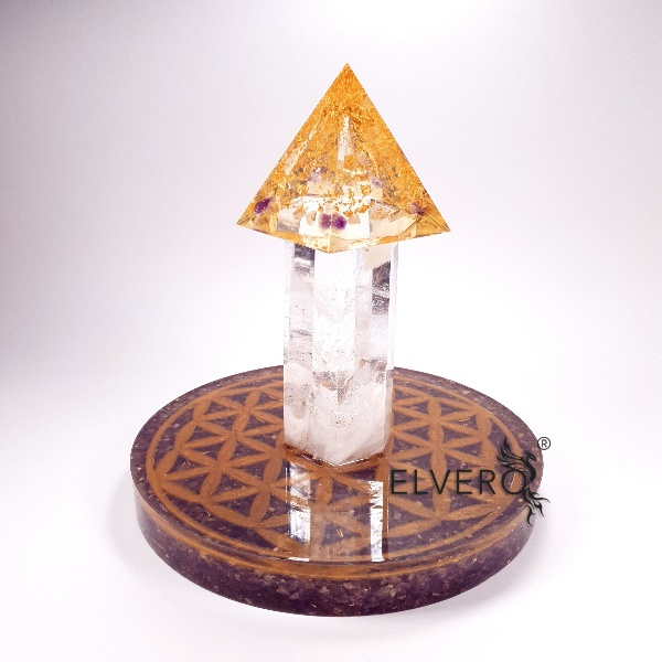 Ansamblu orgonic disc-cristal-piramida cu aur 24K