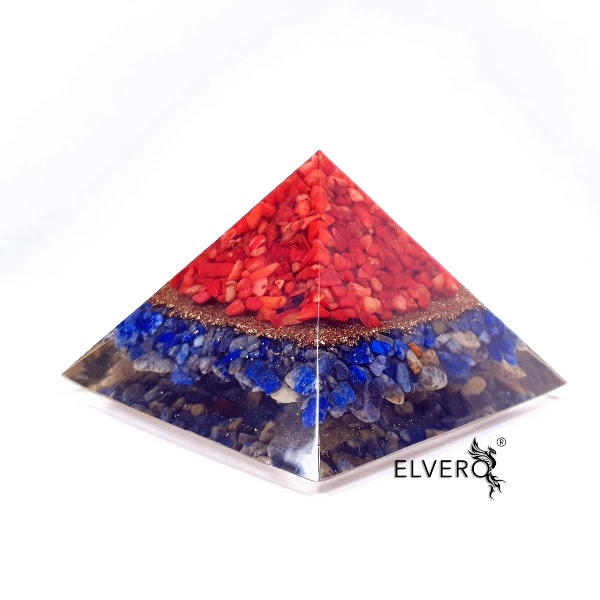 Piramidă orgon din coral roșu, lapis lazuli și cuarț